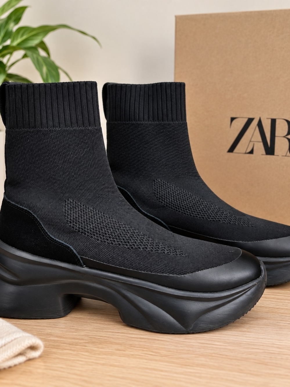 ZARA Black Knit Sock Chelsea Boots Chunky Sole Size 38, US 8